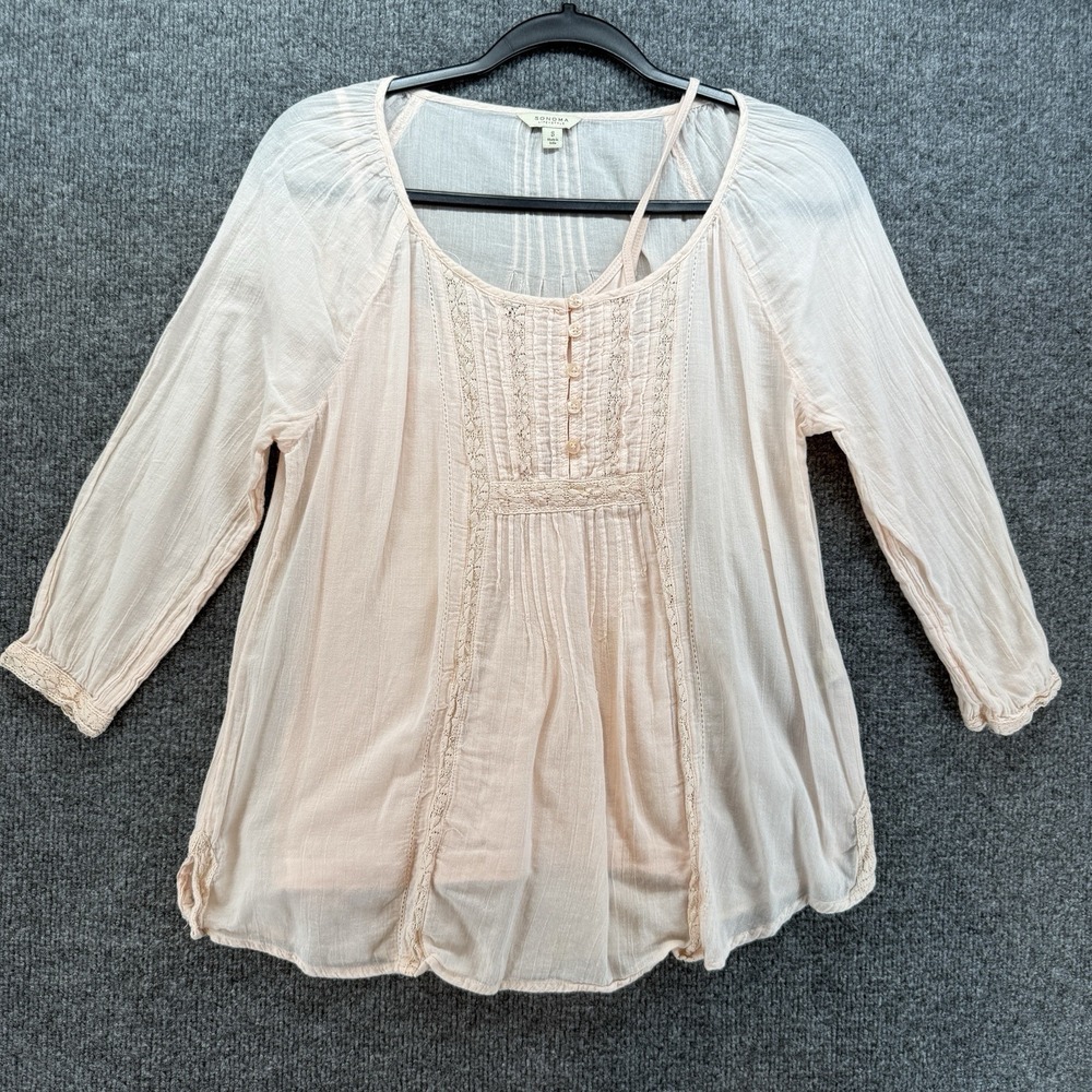 Sonoma Top Womens S Pink Henley Lace Boho Cottagecore Peasant Western Causal